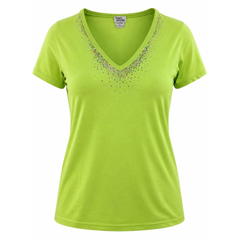 Isaac's Designs XL Lime Green Rhinestone V-Neck Short Sleeve Top